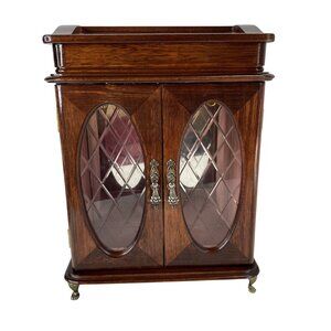 Vintage Wooden Jewelry Box Glass Doors Velvet Lining Rings Necklaces Storage
